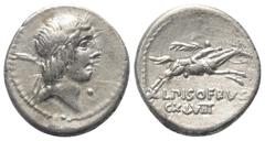Roman Republican L. Calpurnius Piso Frugi. Denar (Silber). 90 v. Chr. Rom. Vs: Kopf des Apollo mit Lorbeerkranz rechts. Dahinter Beizeichen und vorne ein Punkt. Rs: L PISO FRVGI. Reiter mit Palmzweig 