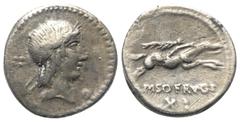 Roman Republican L. Calpurnius Piso Frugi. Denar (Silber). 90 v. Chr. Rom. Vs: Kopf des Apollo mit Lorbeerkranz rechts. Dahinter und vorne Beizeichen. Rs: L PISO FRVGI. Reiter mit Palmzweig zu Pferde 