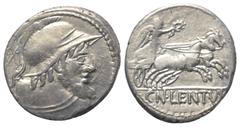 Roman Republican Cn. Lentulus Clodianus. Quinar (Silber). 88 v. Chr. Rom. Vs: Büste des Mars, mit Helm, Lanze und Schildgurt nach rechts. Rs: Victoria rast in Biga nach rechts. Im Abschnitt CN LENTVL.