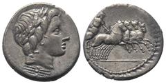 Roman Republican Anonym. Denar (Silber). 86 v. Chr. Rom. Vs: Kopf des Apollo mit Eichenlaubkranz rechts, darunter Blitzbündel. Rs: Jupiter mit Blitzbündel in Quadriga nach rechts fahrend. 19 mm. 3,77 