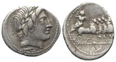 Roman Republican Anonym. Denar (Silber). 86 v. Chr. Rom. Vs: Kopf des Apollo mit Eichenlaubkranz rechts, darunter Blitzbündel. Rs: Jupiter mit Blitzbündel in Quadriga nach rechts fahrend. 21 mm. 3,61 