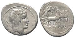 Roman Republican L. Iulius Bursio. Denar (Silber). 85 v. Chr. Rom. Vs: Drapierte Büste des Apollo Veiovis mit Flügel, Lorbeerkranz und Dreizack rechts, dahinter Beizeichen. Rs: L IVLI BVRSIO. Victoria