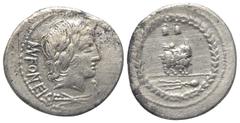Roman Republican Mn. Fonteius. Denar (Silber). 85 v. Chr. Rom. Vs: MN FONTEI C F. Kopf des Apollo mit Lorbeerkranz rechts, darunter Blitzbündel. Rs: Cupido auf Ziege nach rechts reitend, darüber zwei 