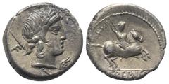 Roman Republican P. Crepusius. Denar (Silber). 82 v. Chr. Rom. Vs: Kopf des Apollo mit Lorbeerkranz rechts, dahinter Szepter. Rs: P CREPVSI. Reiter mit Lanze nach rechts galoppierend; im Feld links Ko