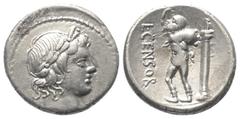 Roman Republican L. Censorinus. Denar (Silber). 82 v. Chr. Rom. Vs: Kopf des Apollo mit Lorbeerkranz rechts. Rs: L CENSOR. Marsyas mit erhobener Rechter und geschultertem Weinschlauch nach links stehe