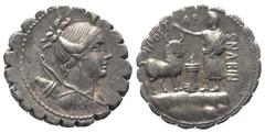Roman Republican A. Postumius Albinus. Denar (Silber). 81 v. Chr. Rom. Vs: Drapierte Büste der Diana mit Bogen und Köcher rechts, darüber Bucranium. Rs: A POST A F S N ALBIN. Togatus auf Felsen vor Al