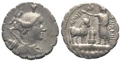 Roman Republican A. Postumius Albinus. Denar (Silber). 81 v. Chr. Rom. Vs: Drapierte Büste der Diana mit Bogen und Köcher rechts, darüber Bucranium. Rs: A POST A F S N ALBIN. Togatus auf Felsen vor Al