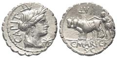 Roman Republican C. Marius Capito. Denar (Silber). 81 v. Chr. Rom. Vs: CAPIT. Drapierte Büste der Ceres mit Ährenkranz rechts, davor Stern; darüber Kontrollmarke. Rs: C MARI C F / S C. Pflüger mit Och