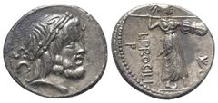 Roman Republican L. Procilius. Denar (Silber). 80 v. Chr. Rom. Vs: Kopf des Jupiter mit Lorbeerkranz rechts, dahinter S C. Rs: L PROCILI / F. Juno Sospita mit Speer und Schild nach rechts schreitend, 