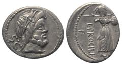 Roman Republican L. Procilius. Denar (Silber). 80 v. Chr. Rom. Vs: Kopf des Jupiter mit Lorbeerkranz rechts, dahinter S C. Rs: L PROCILI / F. Juno Sospita mit Speer und Schild nach rechts schreitend, 