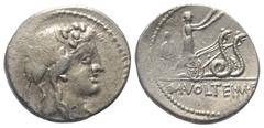 Roman Republican M. Volteius M. F. Denar (Silber). 78 v. Chr. Rom. Vs: Kopf des Liber mit Efeukranz rechts. Rs: M VOLTEI M F. Ceres in Schlangenbiga nach rechts, je eine Fackel in beiden Händen. 18 mm