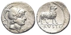 Roman Republican L. Rustius. Denar (Silber). 74 v. Chr. Rom. Vs: Kopf des Mars mit Helm rechts, dahinter S C, davor Wertzeichen. Rs: L RVSTI. Widder nach rechts schreitend. 19 mm. 3,82 g. Cr. 389/1; S