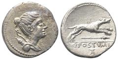 Roman Republican C. Postumius. Denar (Silber). 74 v. Chr. Rom. Vs: Drapierte Büste der Diana mit Bogen und Köcher über der Schulter rechts. Rs: C POSTVMI. Stilisierter Jagdhund nach rechts springend, 