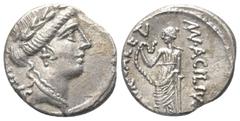 Roman Republican Mn. Acilius Glabrio. Denar (Silber). 49 v. Chr. Rom. Vs: SALVTIS. Kopf der Salus mit Lorbeerkranz rechts. Rs: MN ACILIVS III VIR VALETV. Valetudo mit Schlange im rechten Arm auf Säule