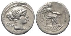 Roman Republican M. Porcius Cato. Denar (Silber). 47 - 46 v. Chr. Münzstätte in Nordafrika. Vs: ROMA. M CA[TO PRO PR]. Kopf der Roma rechts. Rs: VICTRIX. Victoria sitzt nach rechts, mit der Linken Pal