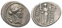 Roman Republican P. Clodius. Denar (Silber). 42 v. Chr. Rom. Vs: Kopf des Apollo mit Lorbeerkranz rechts, dahinter Lyra. Rs: P CLODIVS / M F. Diana mit zwei brennenden Stabfackeln, Bogen und Köcher na