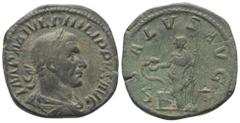 Roman Imperial Coinage Philippus I. Arabs (244 - 249 n. Chr.). Sesterz (Bronze). 244 n. Chr. Rom. Vs: IMP M IVL PHILIPPVS AVG. Büste mit Lorbeerkranz, Paludament und Panzer rechts. Rs: SALVS AVGG / S 