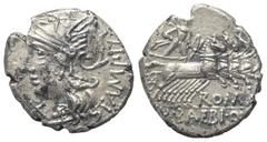 Roman Republican M. Baebius Tampilus. Denar (Silber). 137 v. Chr. Rom. Vs: TAMPIL. Kopf der Roma mit geflügeltem Helm links, davor Wertzeichen. Rs: ROMA / M BAEBI Q F. Apollo mit Zweig und Bogen in ga