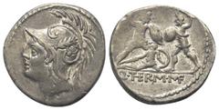 Roman Republican Q. Minucius Thermus. Denar (Silber). 103 v. Chr. Rom. Vs: Kopf des Mars mit federgeschmücktem Helm links. Rs: Q THERM M F. Römischer Soldat mit Schwert und Schild kämpft gegen barbari
