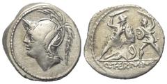 Roman Republican Q. Minucius Thermus. Denar (Silber). 103 v. Chr. Rom. Vs: Kopf des Mars mit federgeschmücktem Helm links. Rs: Q THERM M F. Römischer Soldat mit Schwert und Schild kämpft gegen barbari