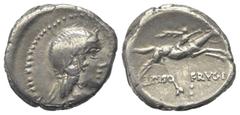 Roman Republican L. Calpurnius Piso Frugi. Denar (Silber). 90 v. Chr. Rom. Vs: Kopf des Apollo mit Lorbeerkranz rechts. Dahinter und vorne Beizeichen. Rs: L PISO FRVGI. Reiter mit Palmzweig zu Pferde 