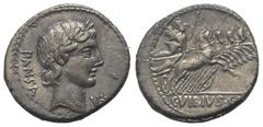 Roman Republican C. Vibius Pansa. Denar (Silber). 90 v. Chr. Rom. Vs: PANSA. Kopf des Apollo mit Lorbeerkranz rechts, davor Kontrollmarke. Rs: C VIBIVS C F. Minerva mit Lanze und Tropaeum in Quadriga 
