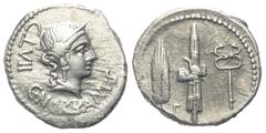 Roman Republican C. Norbanus. Denar (Silber). 83 v. Chr. Rom. Vs: C NORBANVS. Kopf der Venus mit Diadem rechts, dahinter Kontrollzeichen. Rs: Ähre, Liktorenbündel mit Axt und Caduceus nebeneinander. 1