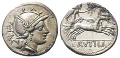 Roman Republican L. Rutilius Flaccus. Denar (Silber). 77 v. Chr. Rom. Vs: FLAC. Kopf der Roma mit geflügeltem Greifenkopfhelm rechts. Rs: L RVTILI. Victoria mit Kranz in galoppierender Biga nach recht