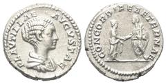 Roman Imperial Coinage Plautilla (gest. 211 n. Chr.). Denar (Silber). 202 n. Chr. Rom. Vs: PLAVTILLAE AVGVSTAE. Drapierte Büste rechts. Rs: CONCORDIAE AETERNAE. Plautilla und Caracalla stehen einander