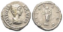 Roman Imperial Coinage Plautilla (gest. 211 n. Chr.). Denar (Silber). 203 n. Chr. Rom. Vs: PLAVTILLA AVGVSTA. Drapierte Büste rechts. Rs: PIETAS AVGG. Pietas mit Szepter und Kind auf der Linken nach r