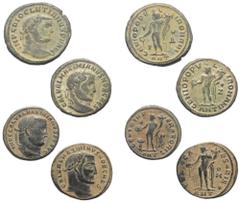 Lots - Ancient Coins Römische Münzen - Lots. Kaiserzeit. Lot (4 Stück, Bronze): Folles des Diocletianus (284 - 305 n. Chr.), Galerius Maximianus (305 - 311 n. Chr.) (2x) und Maximinus II. Daia (310 - 