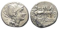 Roman Republican Appius Claudius Pulcher mit T. Manlius Mancinus und Q. Urbinius. Denar (Silber). 111 oder 110 v. Chr. Rom. Vs: Kopf der Roma mit geflügeltem Helm rechts, dahinter Dreieck mit vertieft