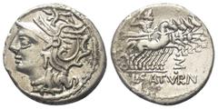 Roman Republican L. Appuleius Saturninus. Denar (Silber). 104 v. Chr. Rom. Vs: Kopf der Roma mit geflügeltem Greifenkopfhelm links. Rs: L SATVRN. Saturnus mit Harpa in Quadriga nach rechts fahrend, da