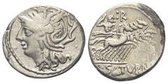 Roman Republican L. Appuleius Saturninus. Denar (Silber). 104 v. Chr. Rom. Vs: Kopf der Roma mit geflügeltem Greifenkopfhelm links. Rs: L SATVRN. Saturnus mit Harpa in Quadriga nach rechts fahrend, da