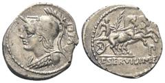 Roman Republican P. Servilius Rullus. Denar (Silber). 100 v. Chr. Rom. Vs: RVLLI. Büste der Minerva mit korinthischem Helm und Ägis links. Rs: P SERVILI M F. Victoria mit Palmzweig in Biga nach rechts