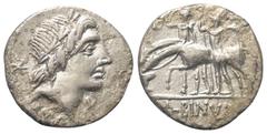 Roman Republican A. Postumius Albinus. Denar (Silber). 96 v. Chr. Rom. Vs: ROMA. Kopf des Apollo rechts, dahinter Stern, vorne X. Rs: A ALBINVS S F. Zwei Dioskuren stehen nach links, neben ihren Pferd