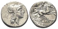 Roman Republican D. Iunius Silanus. Denar (Silber). 91 v. Chr. Rom. Vs: Kopf der Roma mit geflügeltem Helm rechts, dahinter Kontrollmarke. Rs: D SILANVS L F / ROMA. Victoria mit Zügeln in beiden Hände