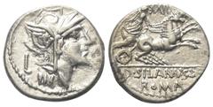 Roman Republican D. Iunius Silanus. Denar (Silber). 91 v. Chr. Rom. Vs: Kopf der Roma mit geflügeltem Helm rechts, dahinter Kontrollmarke L. Rs: D SILANVS L F / ROMA. Victoria mit Zügeln in beiden Hän