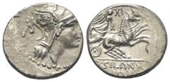 Roman Republican D. Iunius Silanus. Denar (Silber). 91 v. Chr. Rom. Vs: Kopf der Roma mit geflügeltem Helm rechts, dahinter Kontrollmarke P. Rs: D SILANVS L F / ROMA. Victoria mit Zügeln in beiden Hän