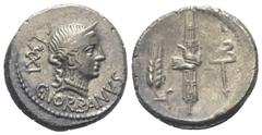 Roman Republican C. Norbanus. Denar (Silber). 83 v. Chr. Rom. Vs: C NORBANVS. Kopf der Venus mit Diadem rechts, dahinter Kontrollzeichen. Rs: Ähre, Liktorenbündel mit Axt und Caduceus nebeneinander. 1