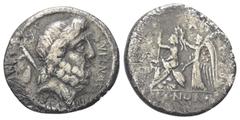 Roman Republican M. Nonius Sufenas. Denar (Silber). 59 v. Chr. Rom. Vs: SVFENAS. Kopf des Saturn rechts, dahinter S C, Harpa und Stein. Rs: SEX NONI / [PR L - V - P F]. Roma mit Szepter und Schwert au