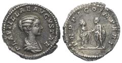 Roman Imperial Coinage Plautilla (gest. 211 n. Chr.). Denar (Silber). 202 n. Chr. Rom. Vs: PLAVTILLAE AVGVSTAE. Drapierte Büste rechts. Rs: PROPAGO IMPERI. Plautilla und Caracalla stehen einander gege