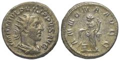 Roman Imperial Coinage Philippus I. Arabs (244 - 249 n. Chr.). Antoninian (Silber). 245 - 246 n. Chr. Rom. Vs: IMP M IVL PHILIPPVS AVG. Büste mit Strahlenkrone, Paludament und Panzer rechts. Rs: ANNON