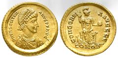Roman Imperial Coinage Valentinianus II. (375 - 392 n. Chr.). Solidus (Gold). 383 - 388 n. Chr. Constantinopolis. Vs: D N VALENTINI - ANVS P F AVG. Büste mit Perldiadem, Paludament und Panzer rechts. 