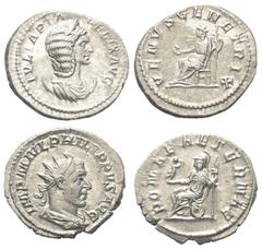 Lots - Ancient Coins Römische Münzen - Lots. Kaiserzeit. Lot (2 Stück, Silber): Antoniniane von Iulia Domna (gest. 217 n. Chr.) und Philippus I. Arabs (244 - 249 n. Chr.). Fast vorzüglich / vorzüglich