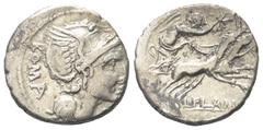 Roman Republican L. Flaminius Chilo. Denar (Silber). 109 oder 108 v. Chr. Rom. Vs: ROMA. Kopf der Roma mit geflügeltem Helm rechts, davor Wertzeichen. Rs: L FLAMINI / CILO. Victoria mit Kranz in galop