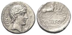 Roman Republican C. Vibius Pansa. Denar (Silber). 90 v. Chr. Rom. Vs: PANSA. Kopf des Apollo mit Lorbeerkranz rechts, davor Kontrollmarke. Rs: C VIBIVS C F. Minerva mit Lanze und Tropaeum in Quadriga 