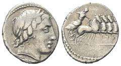 Roman Republican Anonym. Denar (Silber). 86 v. Chr. Rom. Vs: Kopf des Apollo mit Eichenlaubkranz rechts, darunter Blitzbündel. Rs: Jupiter mit Blitzbündel in Quadriga nach rechts fahrend. 18 mm. 3,71 