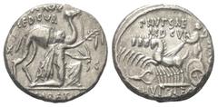 Roman Republican M. Scaurus und P. Hypsaeus. Denar (Silber). 58 v. Chr. Rom. Vs: M SCAVR / AED CVR / EX - S C / REX ARETAS. König Aretas mit Ölzweig nach rechts kniend und Dromedar am Zügel haltend. R
