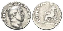 Roman Imperial Coinage Vitellius (69 n. Chr.). Denar (Silber). 193 n. Chr. Rom. Vs: VITELLIVS GERMANICVS IMP. Kopf rechts. Rs: CONCOR - DIA P R. Concordia sitzt nach links, in der Rechten Patera, in d